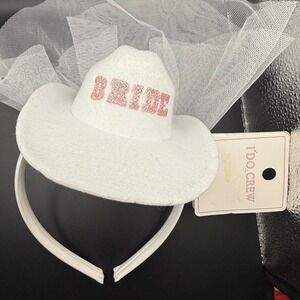 I Do Crew White Mini‎ Cowboy Hat Headband with Veil Bride Glitter Letters NWT